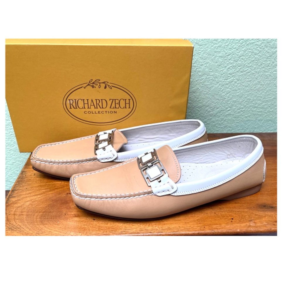 Richard Zech Collection Women's Tan & White Leather Loafers Lea Heel NIB Size 10